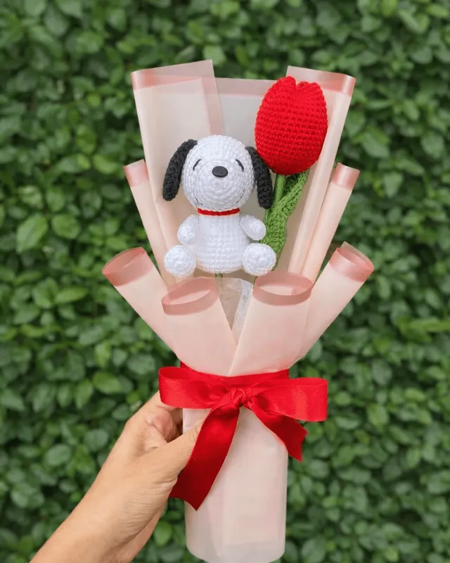 Puppy Bouquet with Tulip: handmade crochet by Crochet By Pihu