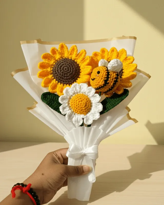 Sunflower, Daisy & Bee Bouquet: handmade crochet by Crochet By Pihu