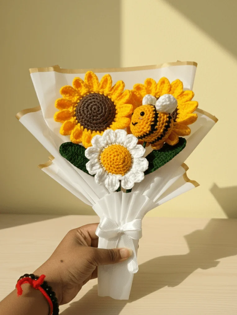 Sunflower, Daisy & Bee Bouquet: handmade crochet by Crochet By Pihu