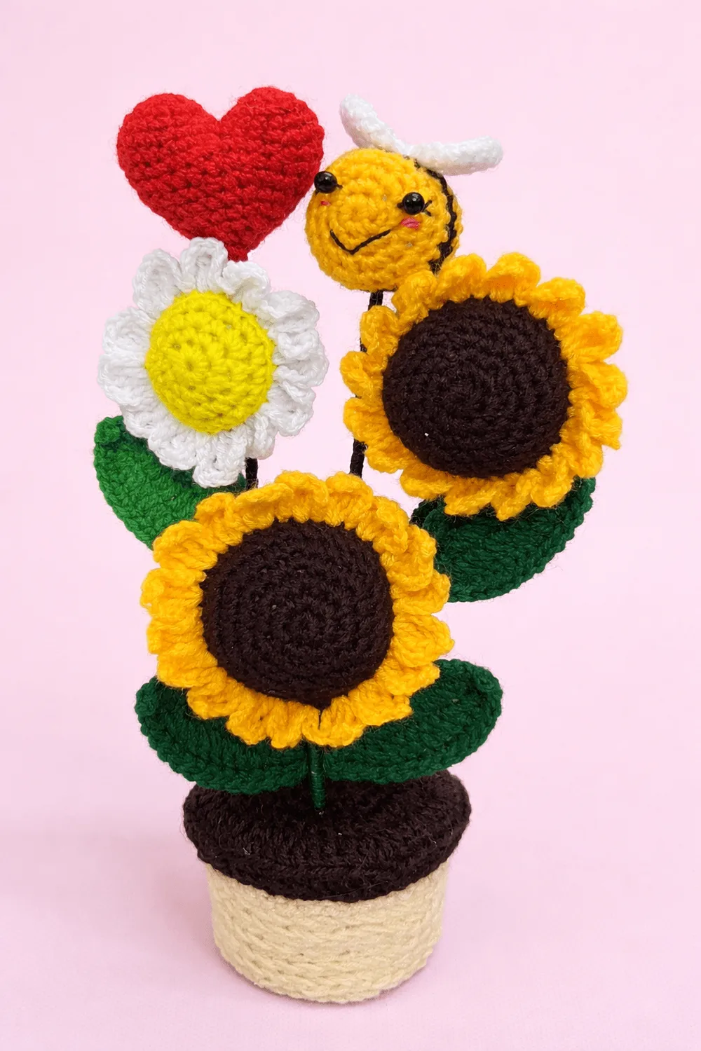 Sunflower & Daisy Pot with Bee: handmade crochet by Crochet By Pihu