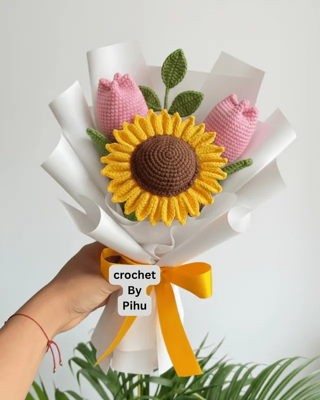 Sunflower & Pink Tulip Bouquet: handmade crochet by Crochet By Pihu