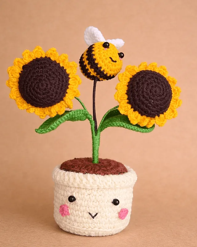 Sunflower Pot with Cute Bee: handmade crochet by Crochet By Pihu
