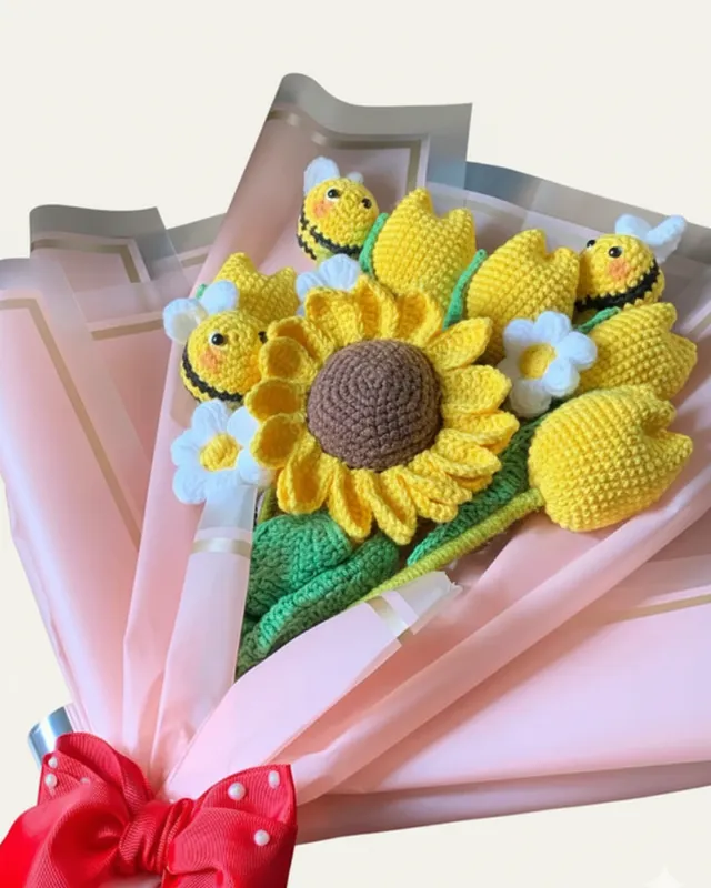 Sunflower, Tulips & Bee Bouquet: handmade crochet by Crochet By Pihu