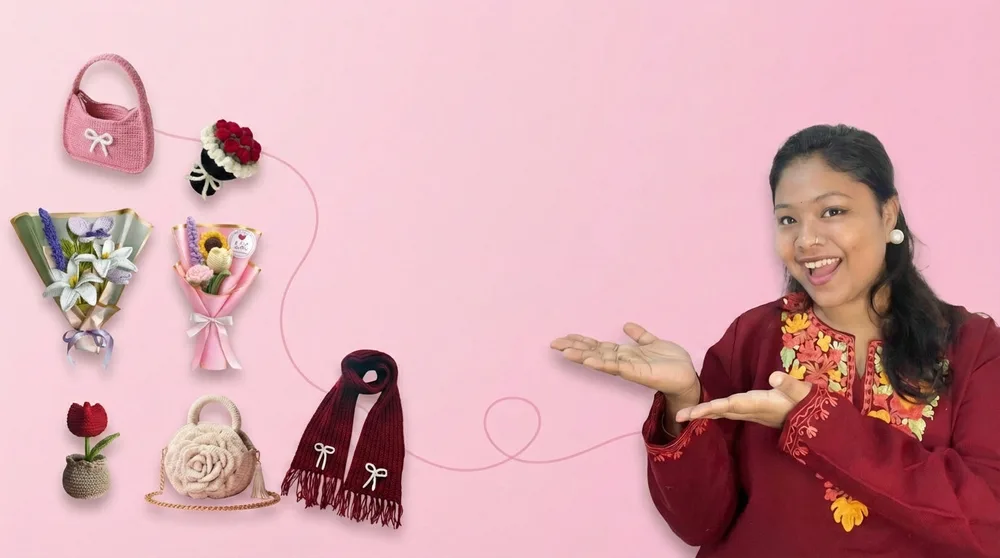 Pihu, founder of Crochet By Pihu, with her handmade crochet bouquets and bags