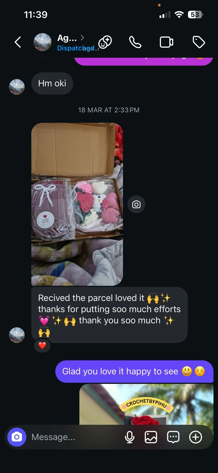 Customer review 8: message from a happy Crochet By Pihu customer