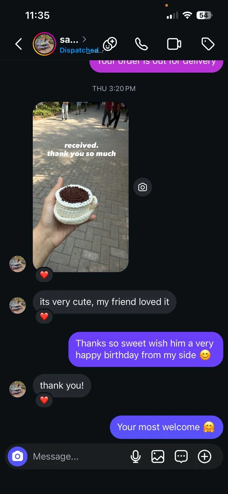 Customer review 10: message from a happy Crochet By Pihu customer