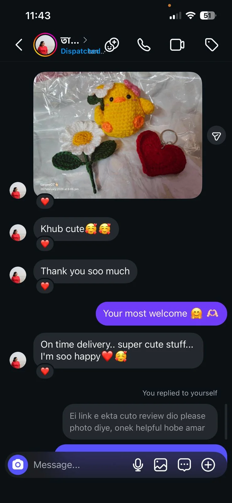Customer review 2: message from a happy Crochet By Pihu customer